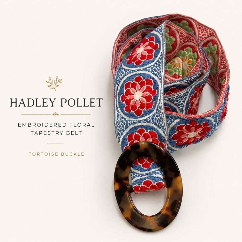 Hadley Pollet Embroidered Floral Tapestry Belt Tortoise Buckle